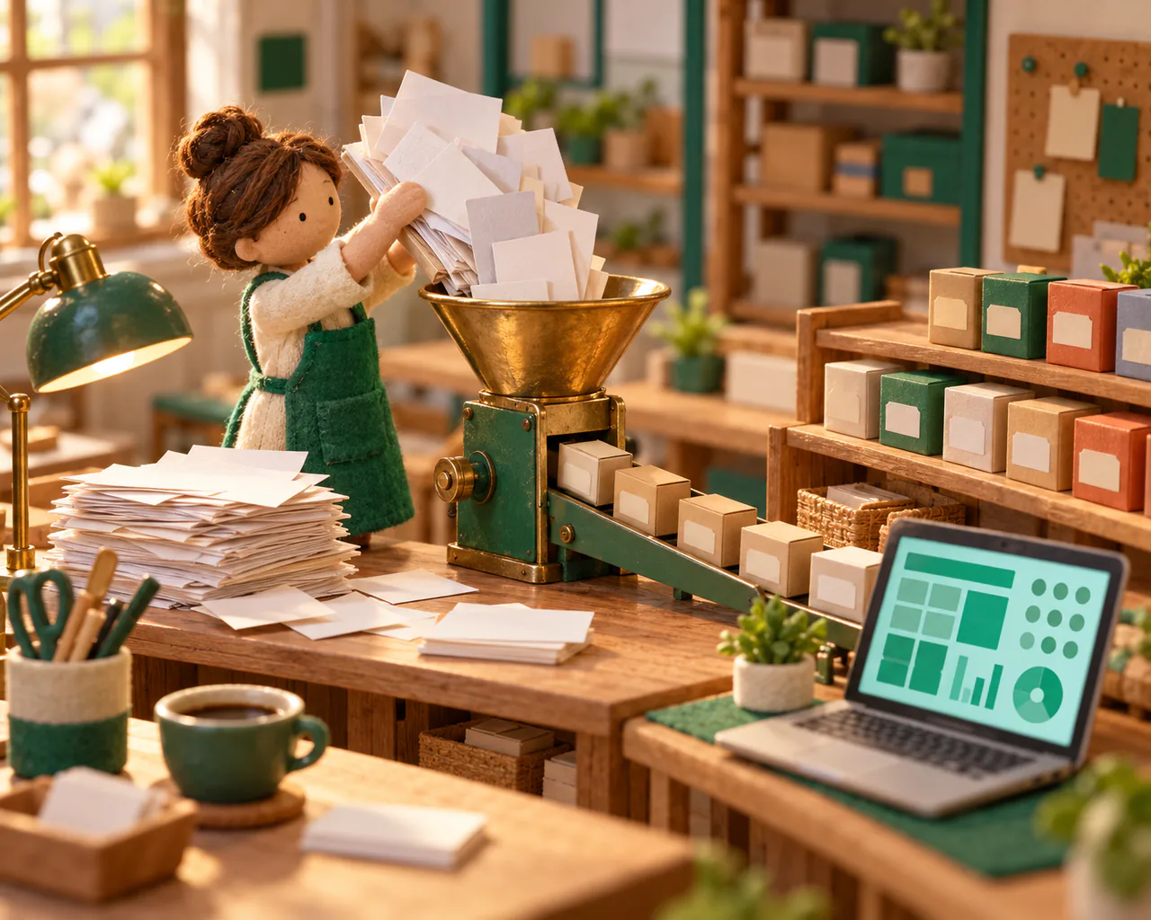 A miniature shop owner pouring paper inventory sheets into a funnel that turns them into neat product boxes