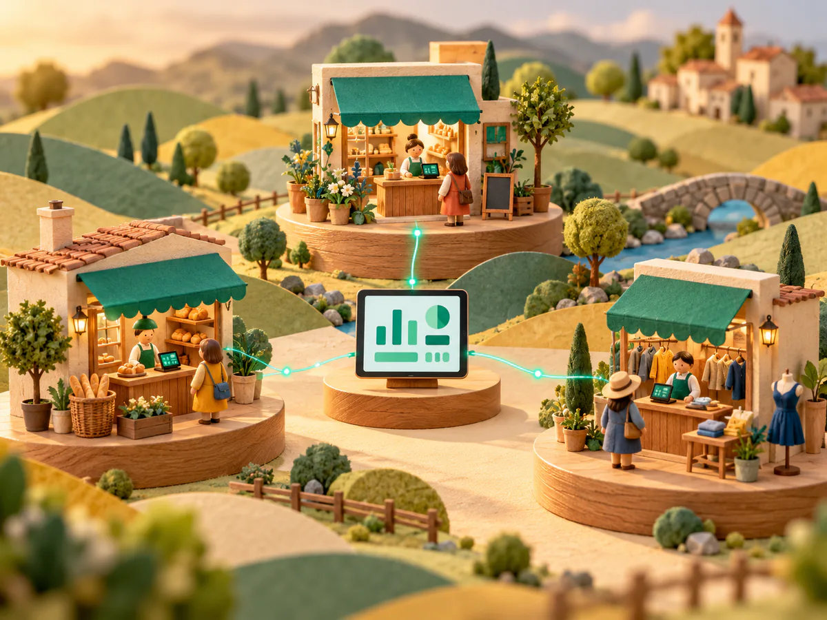 Three miniature shops on wooden plinths linked by glowing threads to one tablet