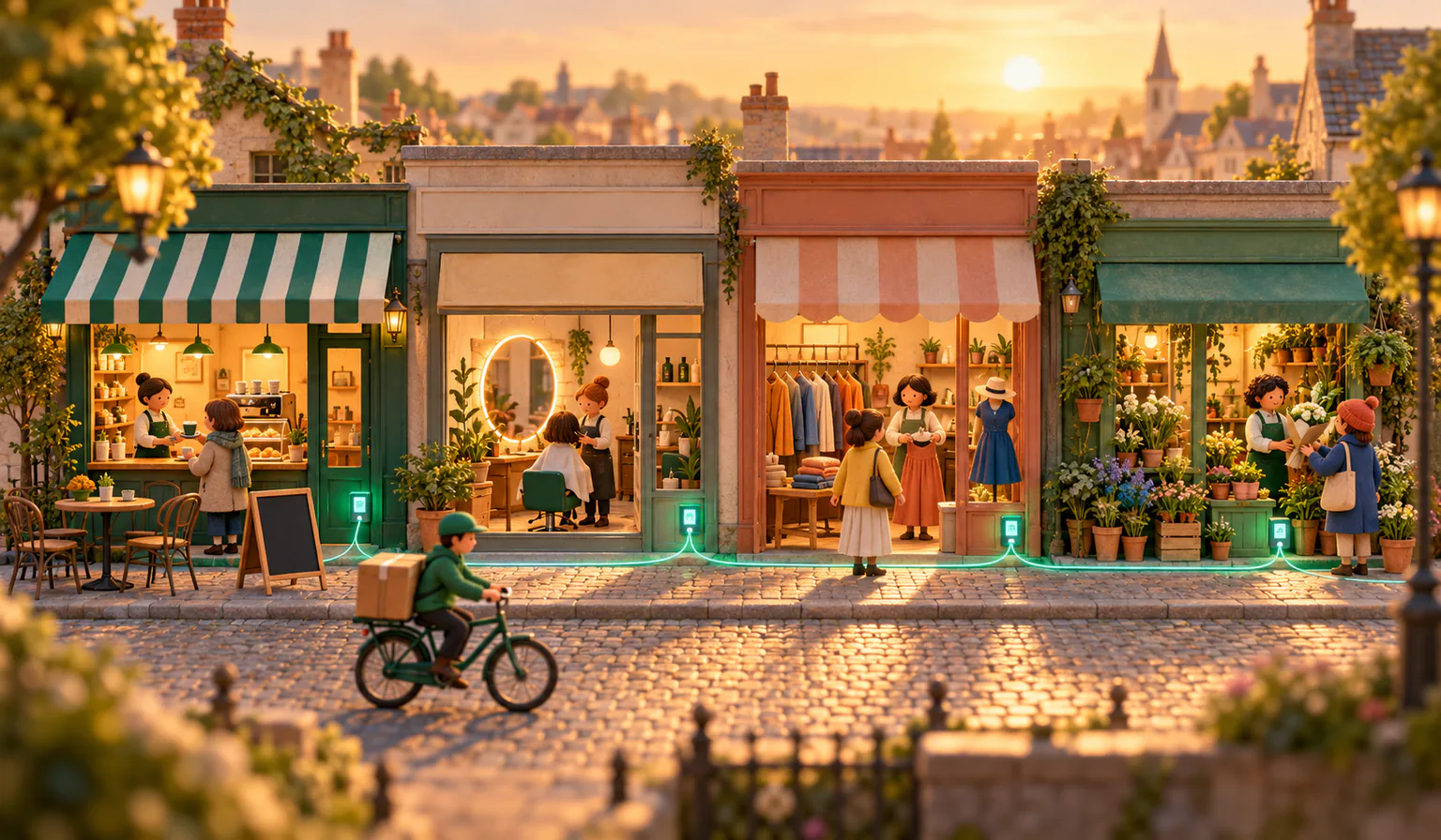 A miniature high street of a café, a salon, a boutique and a plant shop, linked by one glowing pointup thread