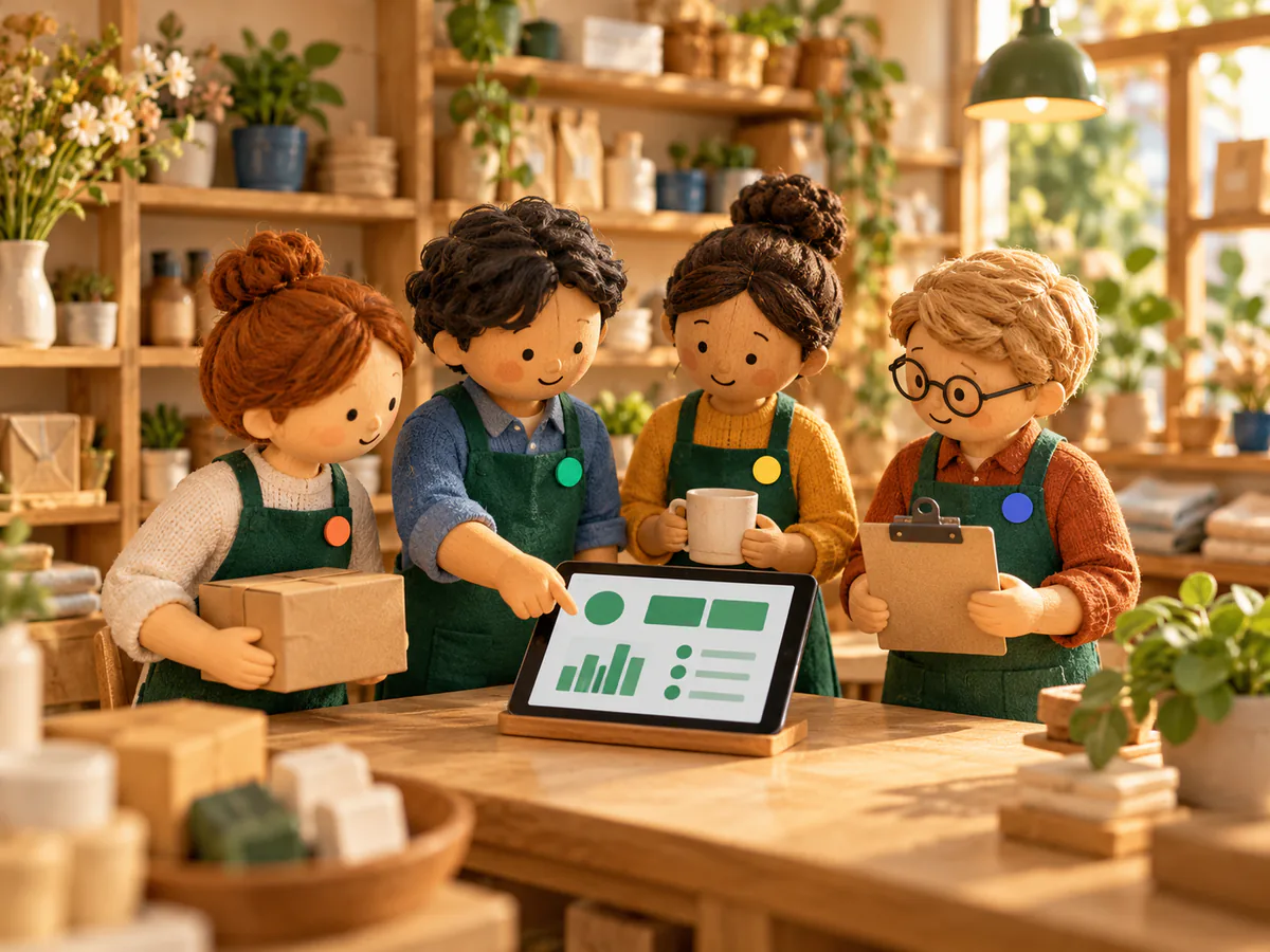 A miniature shop team in emerald aprons gathered around a counter tablet