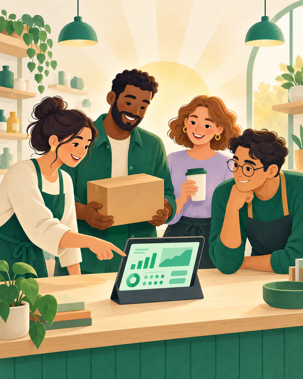 A small business team gathered around a tablet